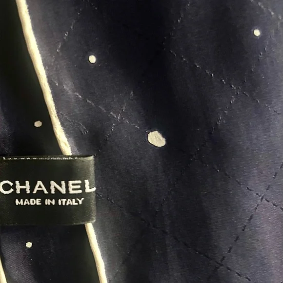Authentic Chanel Navy Blue Silk Scarf with Star Pattern
